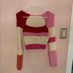 Le Lis Striped Ribbed Scoop-Neck Crop Top - Red, Pink, Cream, Orange